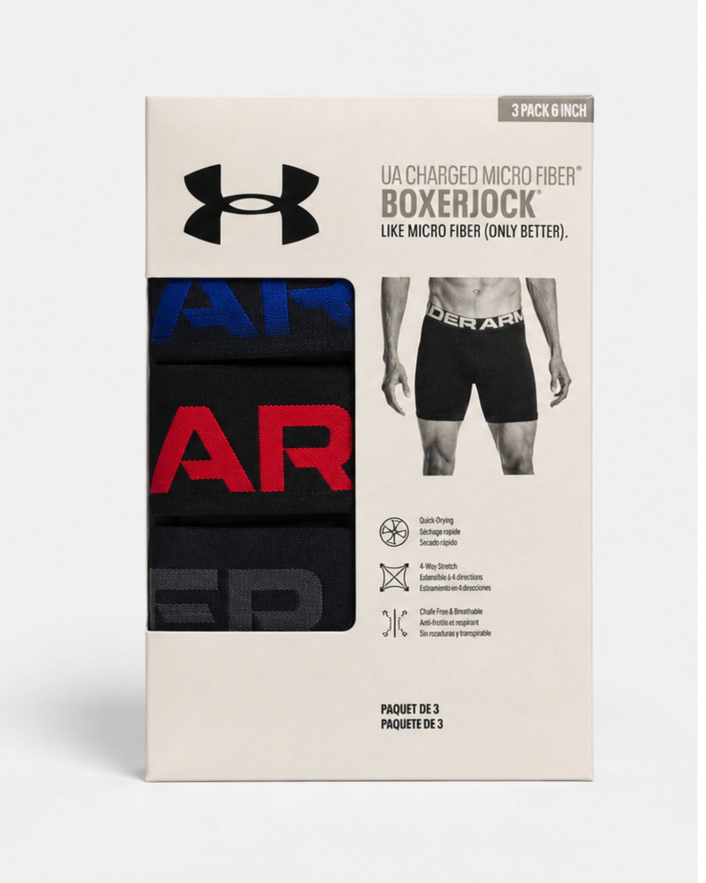 Under Armour Charged Microfiber Boxerjock 6-Inch, 3-Pack - Black/Red/Grey