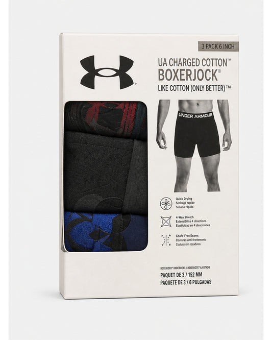 Under Armour Charged Cotton Boxerjock 6-Inch, 3-Pack - Black/Blue/Red