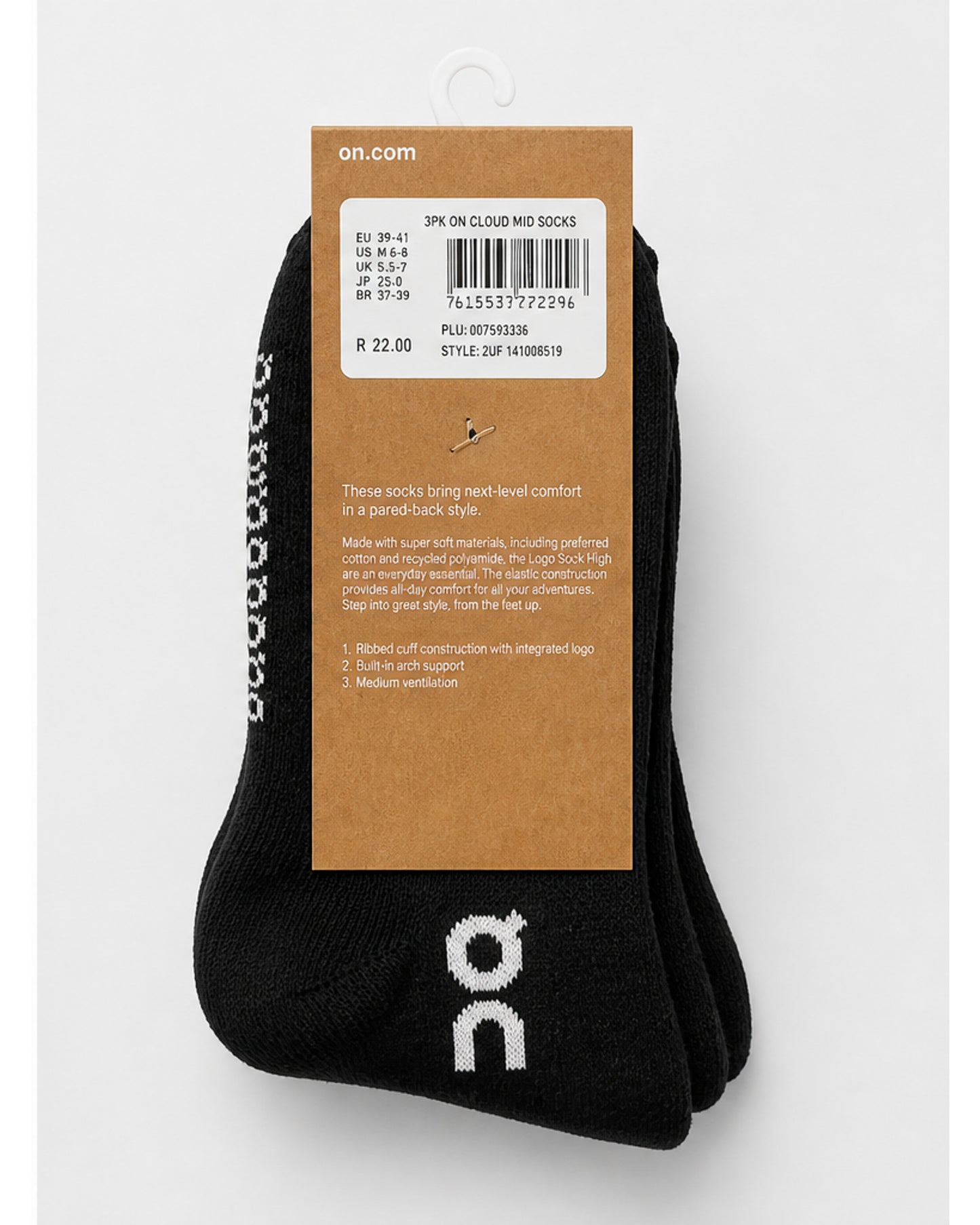 On Cloud Mid Socks, 3-Pack - Black