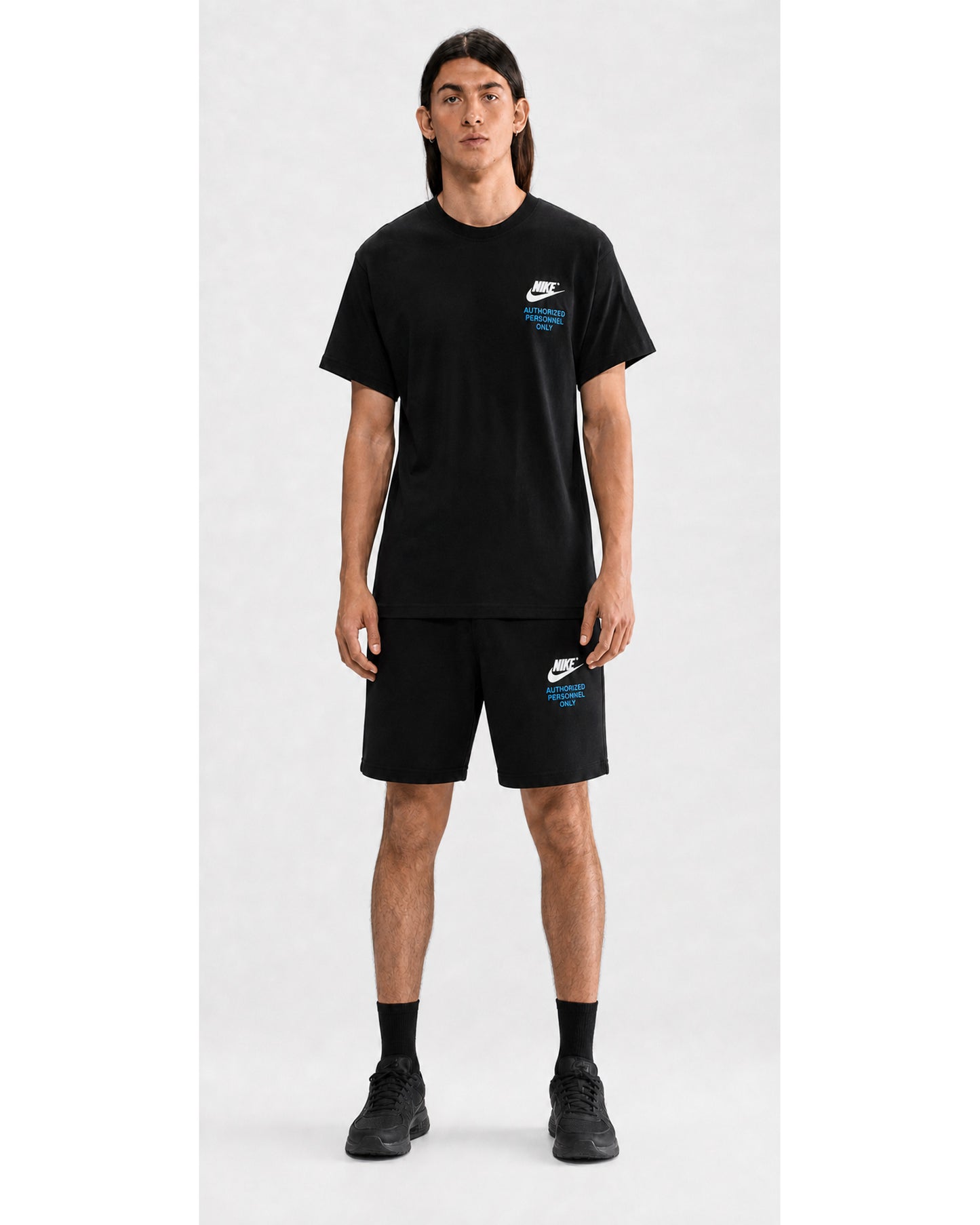 Nike Sportswear Athletic T-Shirt & French-Terry Shorts Set - Black/White/Blue